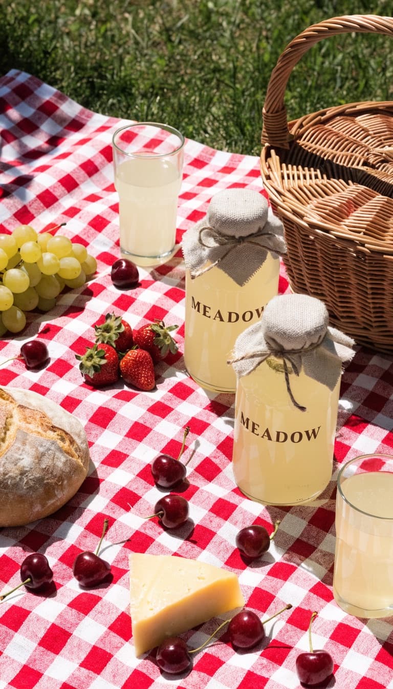 Product among a sunlit spread on a checked blanket