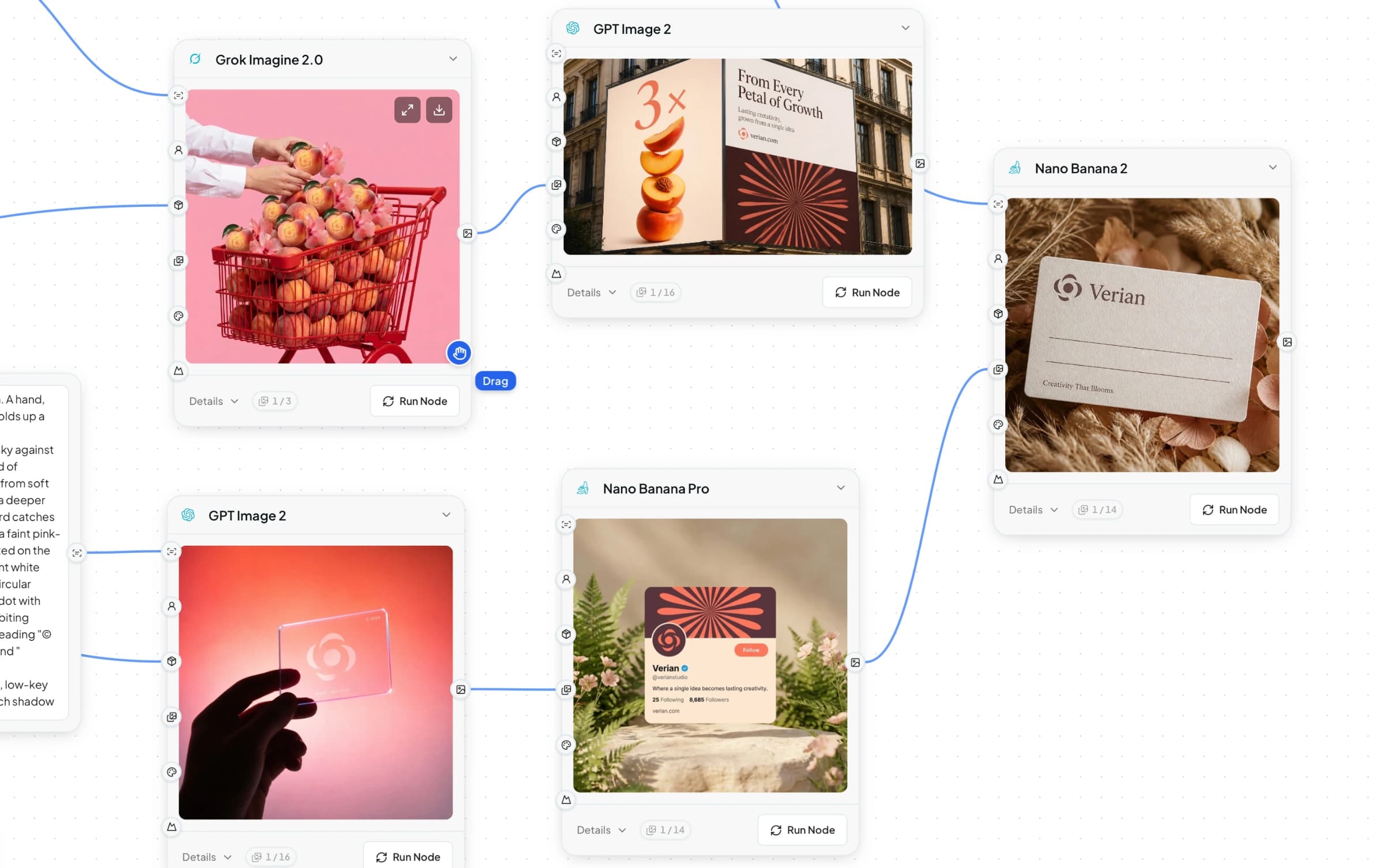 Caite Pipelines: the Pipeline Studio canvas with connected generation nodes turning a source image into billboard and social mockups.