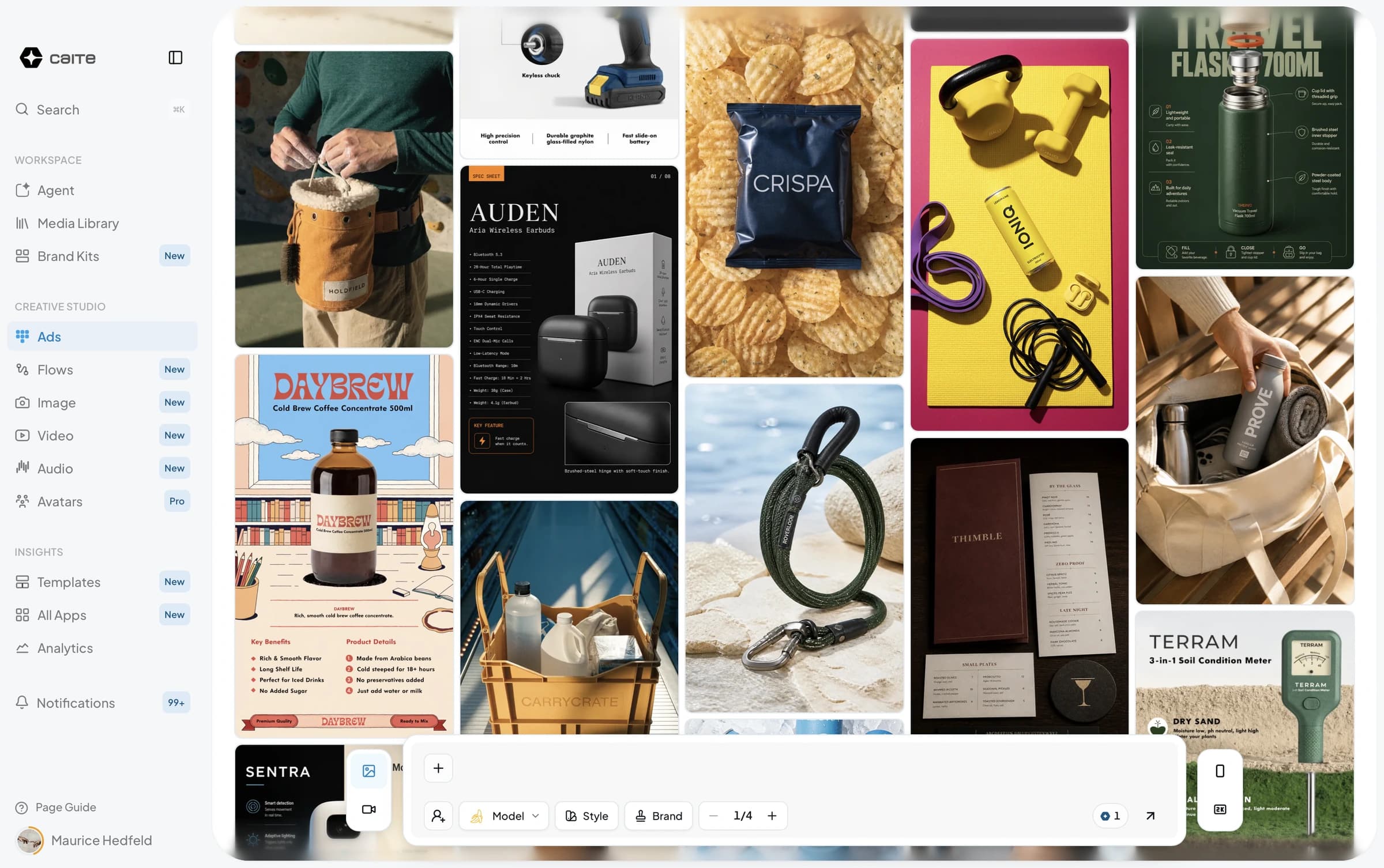 Caite Studios: the Ads studio masonry of generated product shots, with the generate bar docked at the bottom.